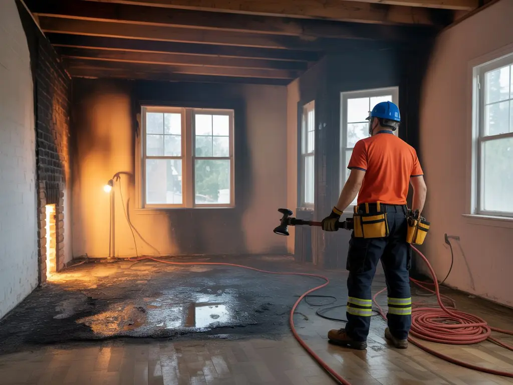 A worker in protective gear assessing soot and fire damage in a charred interior room