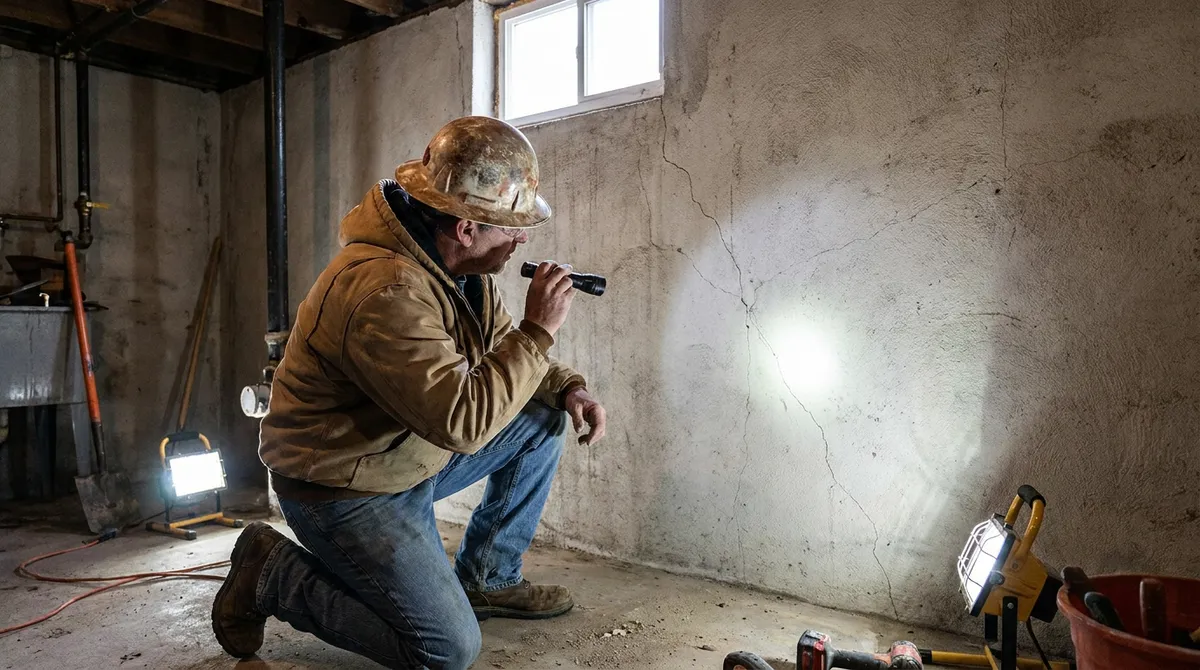 An inspector examining a foundation wall crack with a flashlight in a dim basement — restoration and radon insurance in Florida