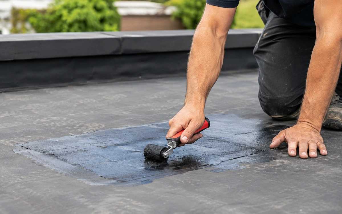 A worker sealing a flat-roof membrane patch with a hand seam roller — restoration and radon insurance in New York