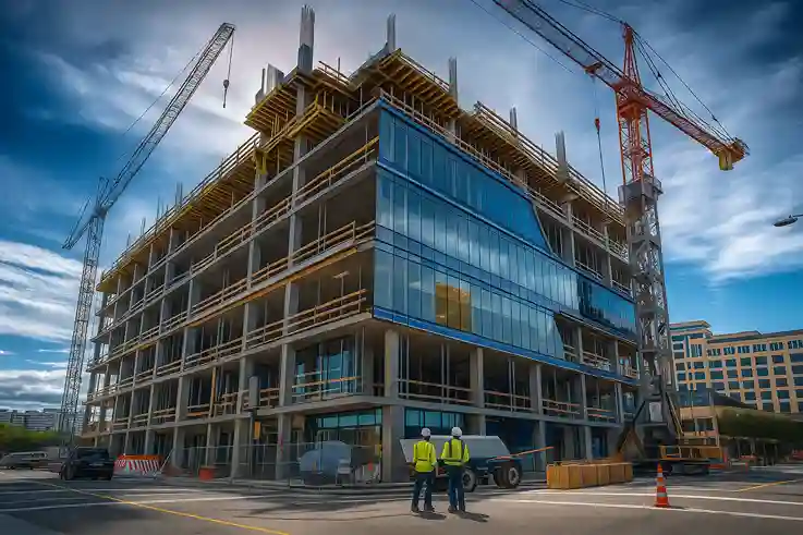 Workers in safety gear before a commercial building under construction with tower cranes — restoration and radon insurance in North Carolina