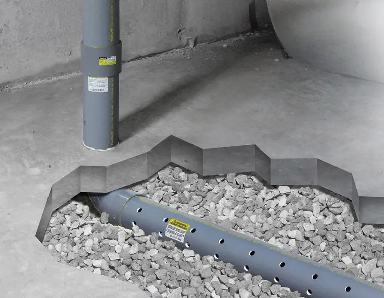 A cutaway illustration of a radon suction point drawing soil gas from a gravel bed beneath a slab — radon mitigation insurance in Texas