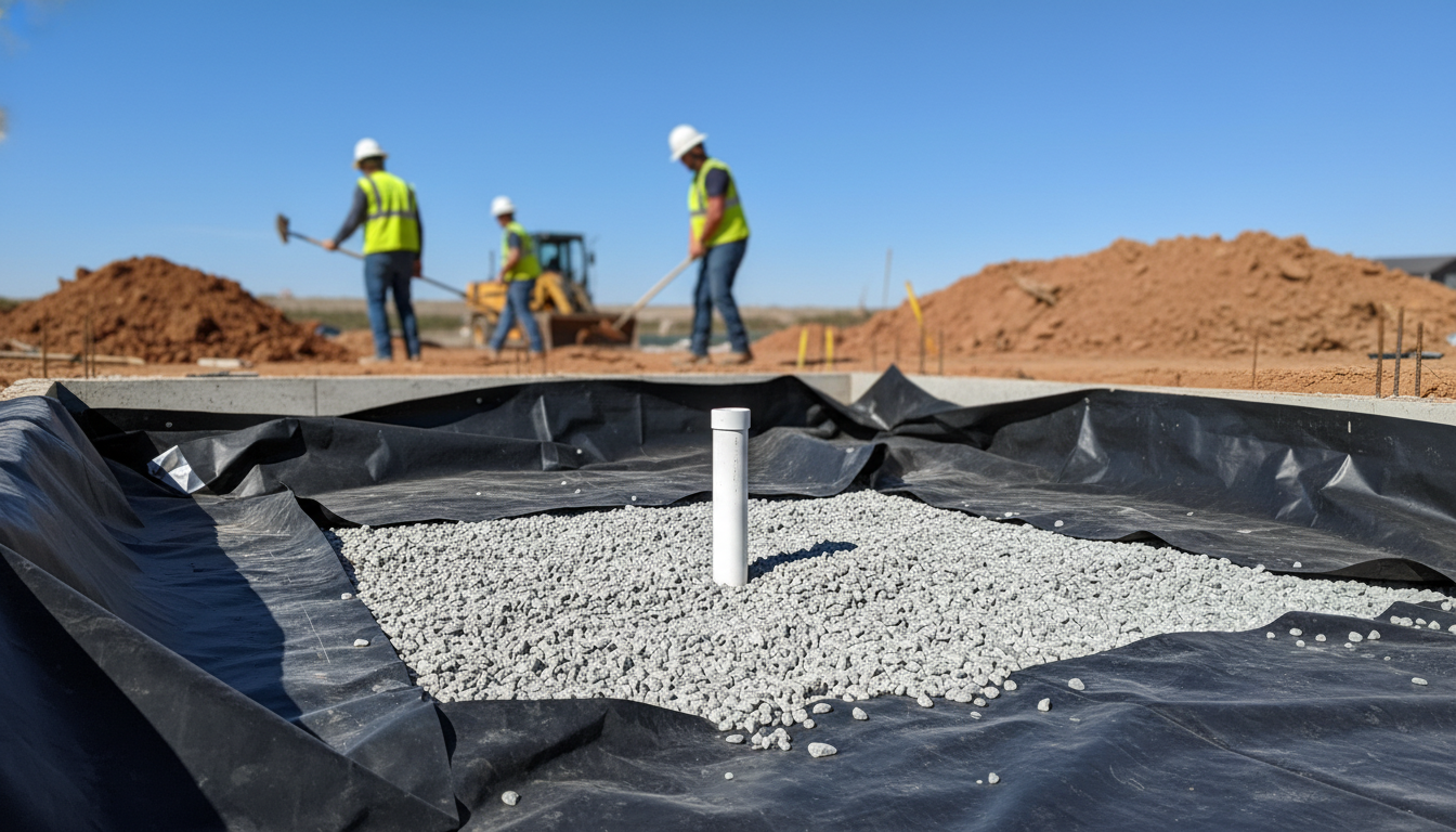 A radon rough-in riser set in a gravel bed and vapor barrier at a new-construction site — radon mitigation insurance in Rhode Island