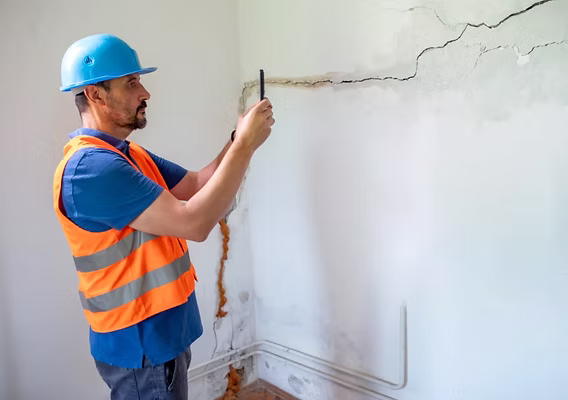 A worker in a safety vest and hard hat inspecting a cracked interior wall near a stained baseboard — restoration contractor insurance in Florida