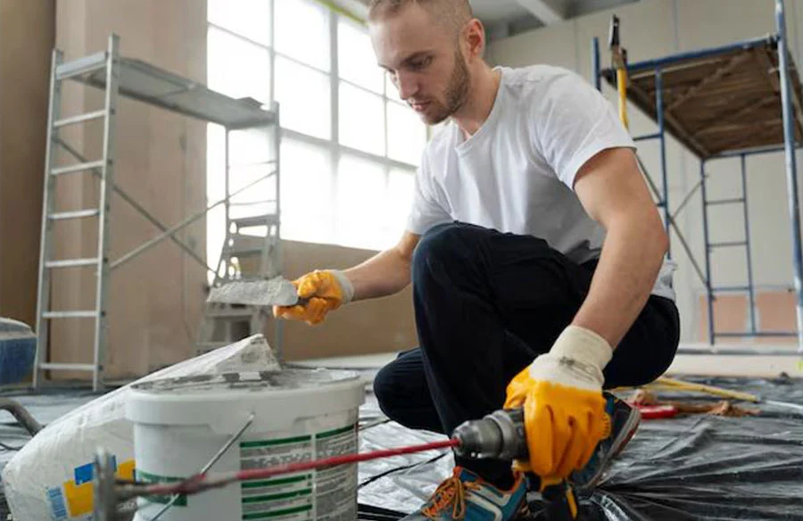 A restoration technician troweling plaster compound over a floor patch inside a building under repair — restoration contractor insurance in Texas