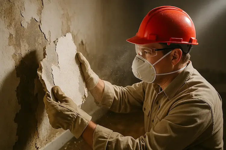 A worker in a hard hat and respirator pulling damaged plaster from an interior wall — restoration contractor insurance in Pennsylvania