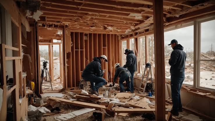 A restoration crew working inside a storm-damaged home stripped back to the wall framing — restoration contractor insurance in California