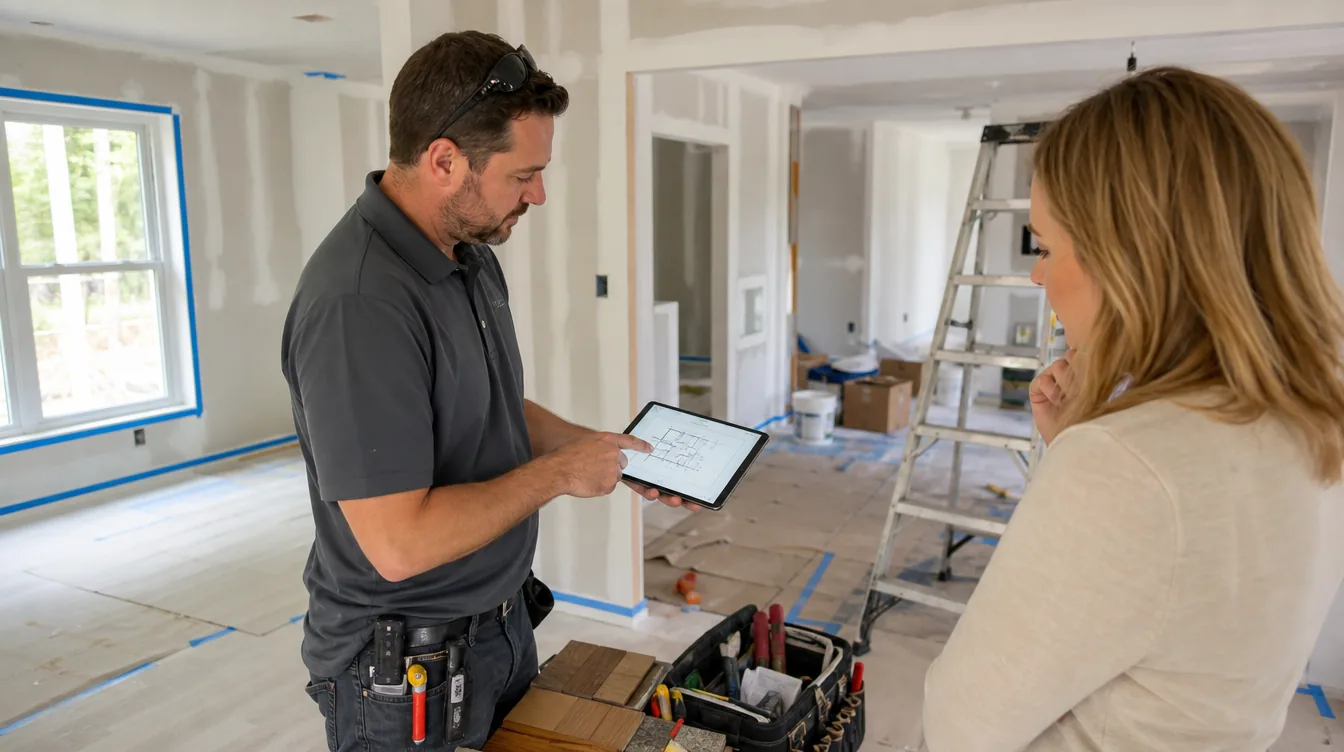 A restoration contractor reviewing plans on a tablet with a homeowner inside a house under renovation — restoration contractor insurance in Illinois