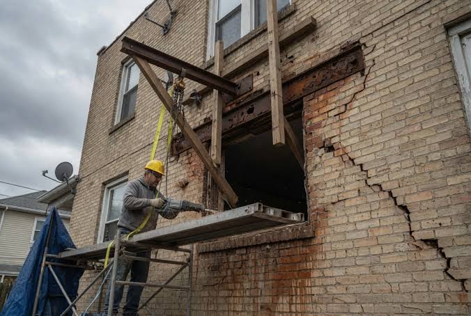 A mason on a scaffold platform repairing a cracked brick wall and a window lintel — restoration contractor insurance in Iowa